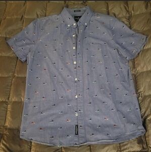 Short sleeved button down mens blue shirt